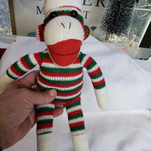 Funny Little Christmas Red Green Stripe Sock Monkey 10" Plush Stuffed Animal - Picture 7 of 9